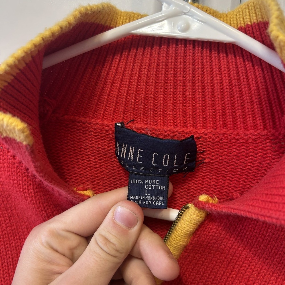 Anne Cole Collection Vintage Ski Sweater Red Navy Yellow 1/4 Zip Cotton Large - Picture 2 of 13